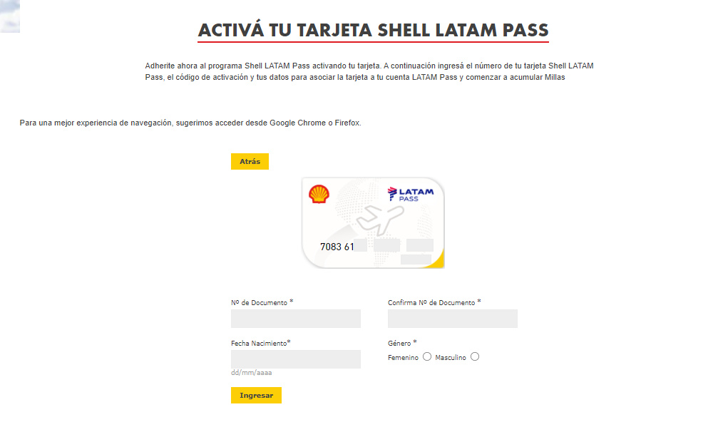 activar tarjeta shell latam pass